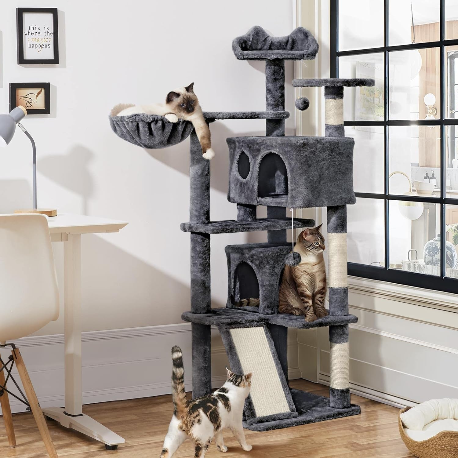 Large Cat Tree 144.5cm Multi Level Tower With Condos Scratching Posts Ramp