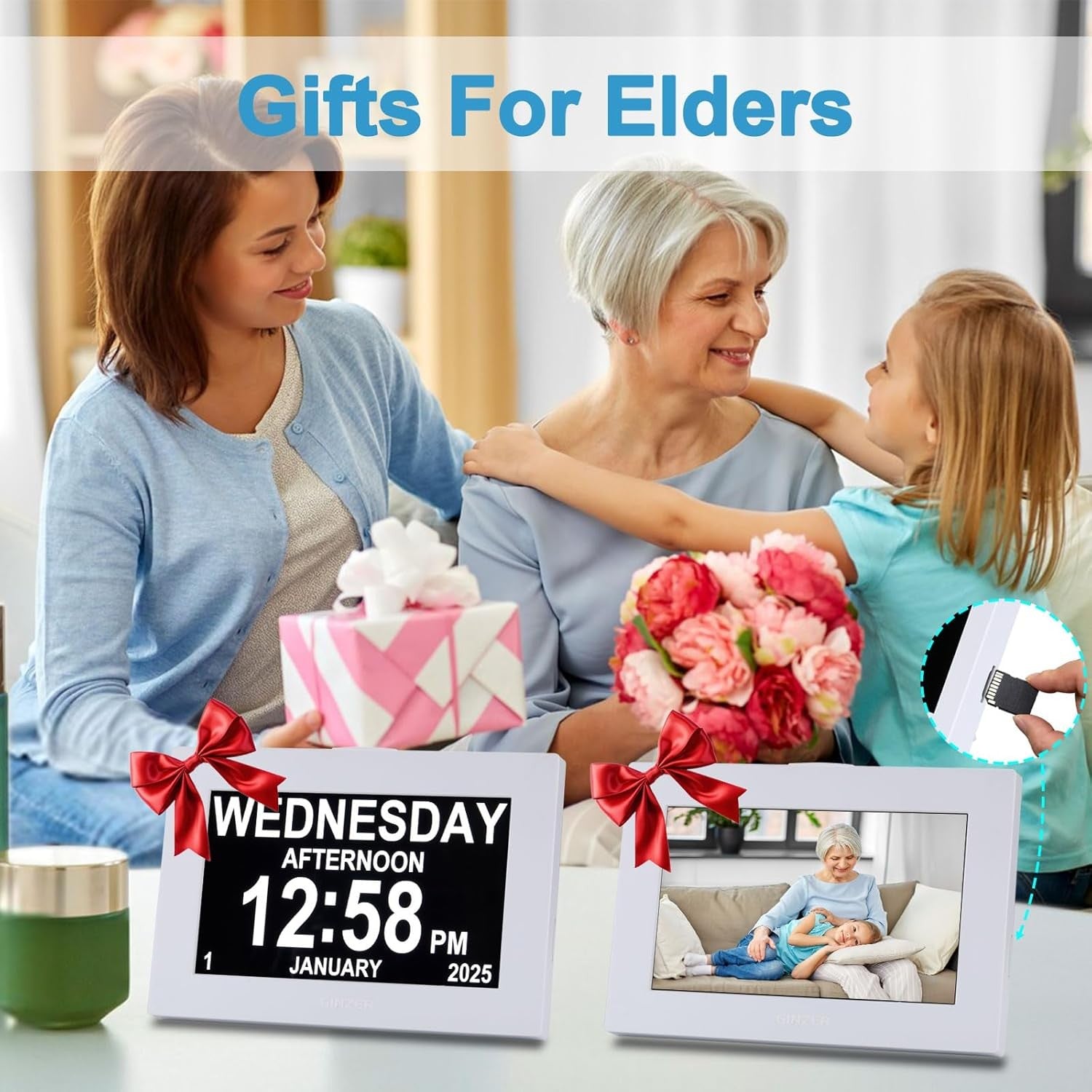 Large Dementia Alarm Clock 8” Touch Screen Talking Date Display