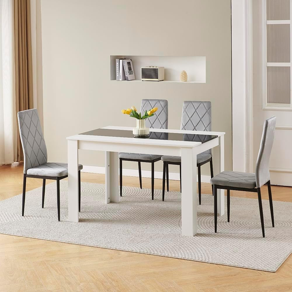 Modern White Dining Table Set 4 Seater w/ Grey Chairs for Small Space