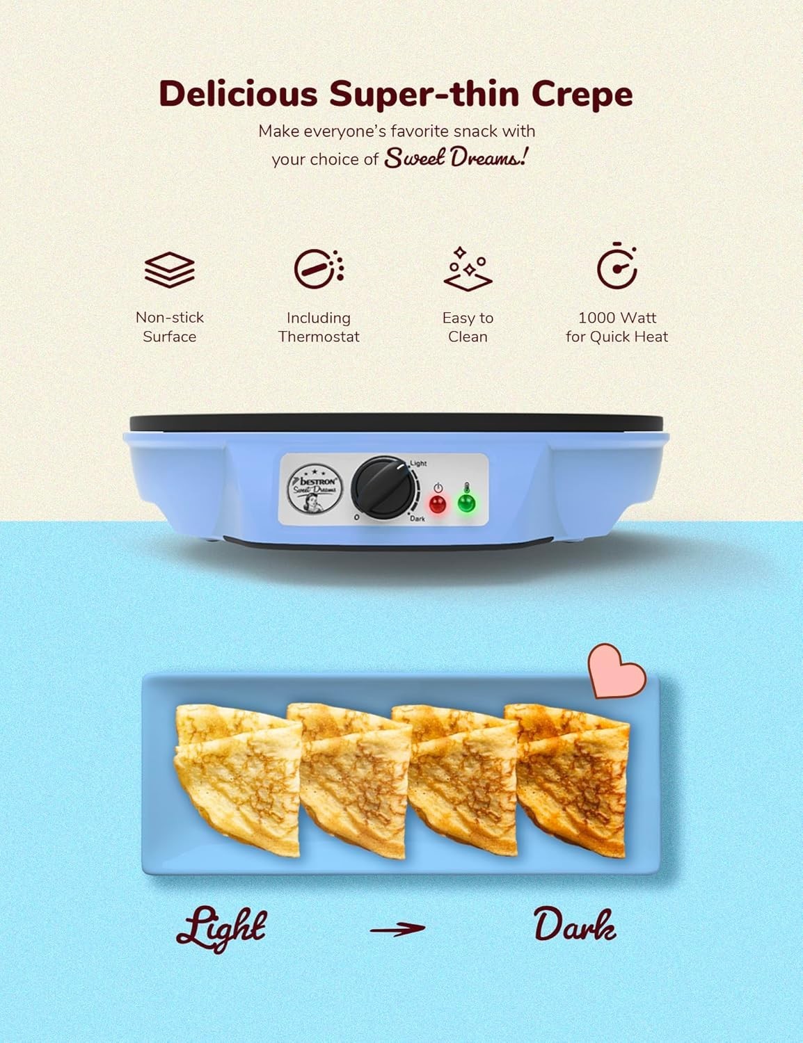 12" Electric Crepe Pancake Maker 1000W Non-Stick Plate Adjustable Temp Blue