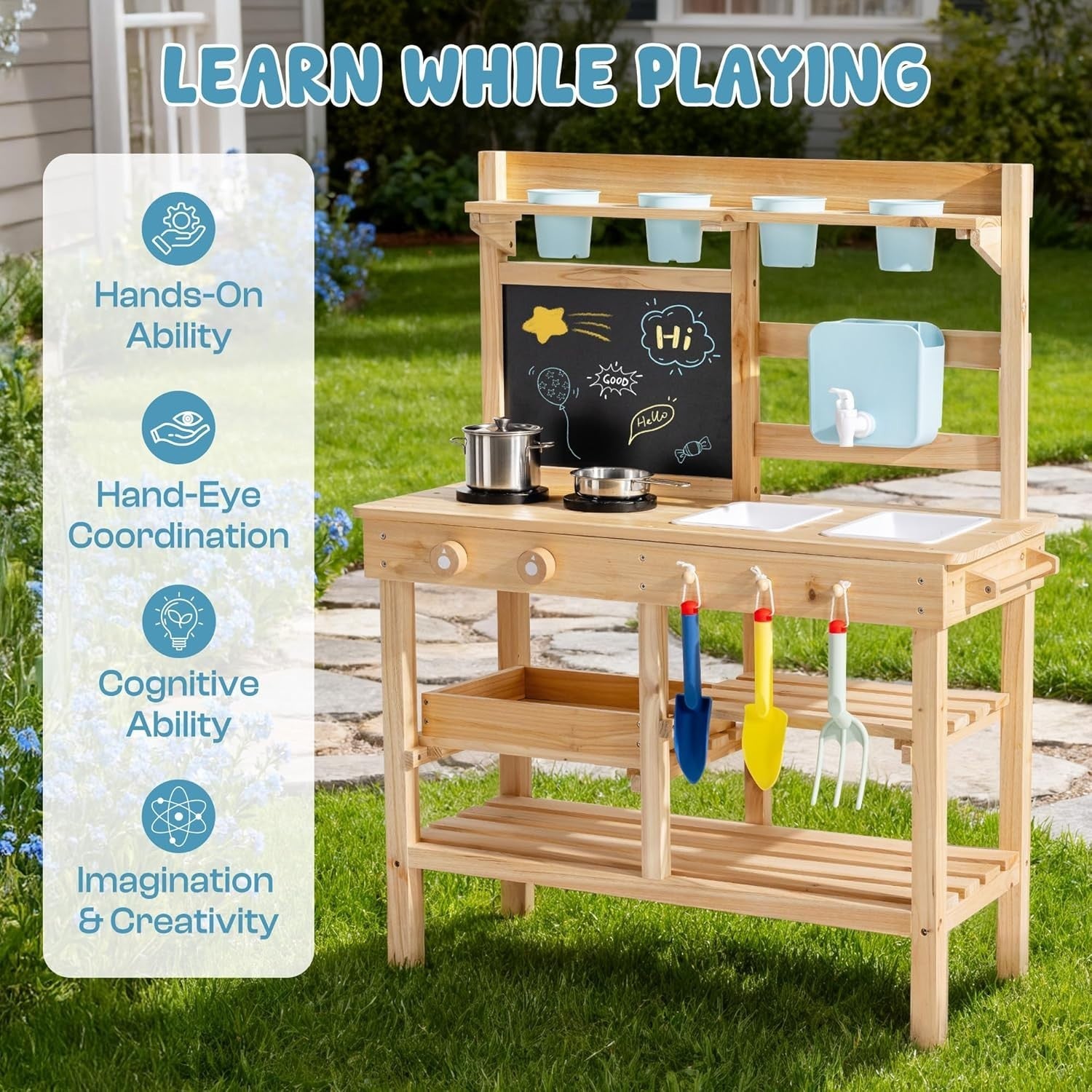 Outdoor Wooden Mud Kitchen Kids Playset Faucet Blackboard Garden Toy