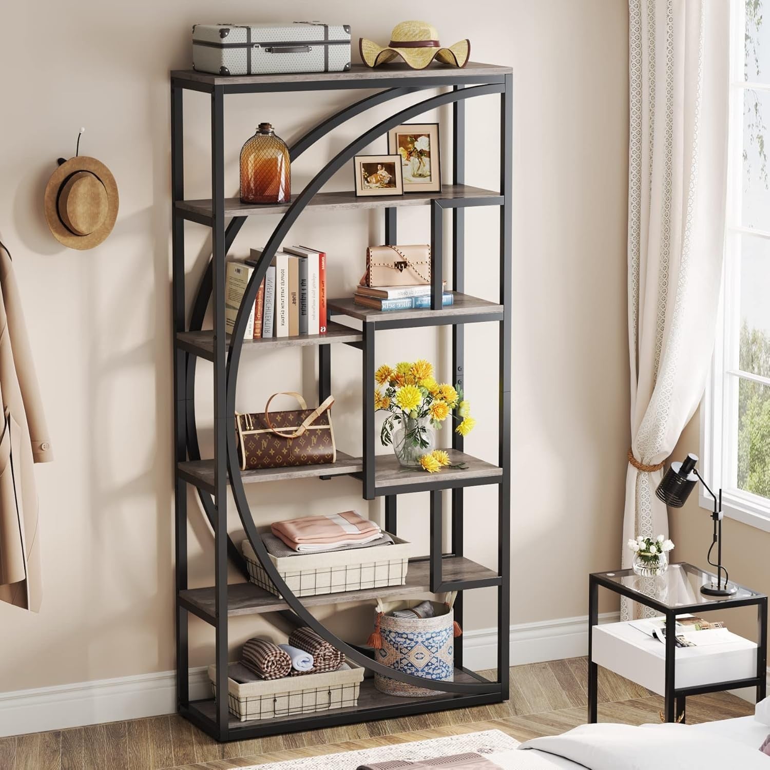 Industrial 5-Tier Geometric Bookshelf Tall Display Unit with 8 Open Shelves
