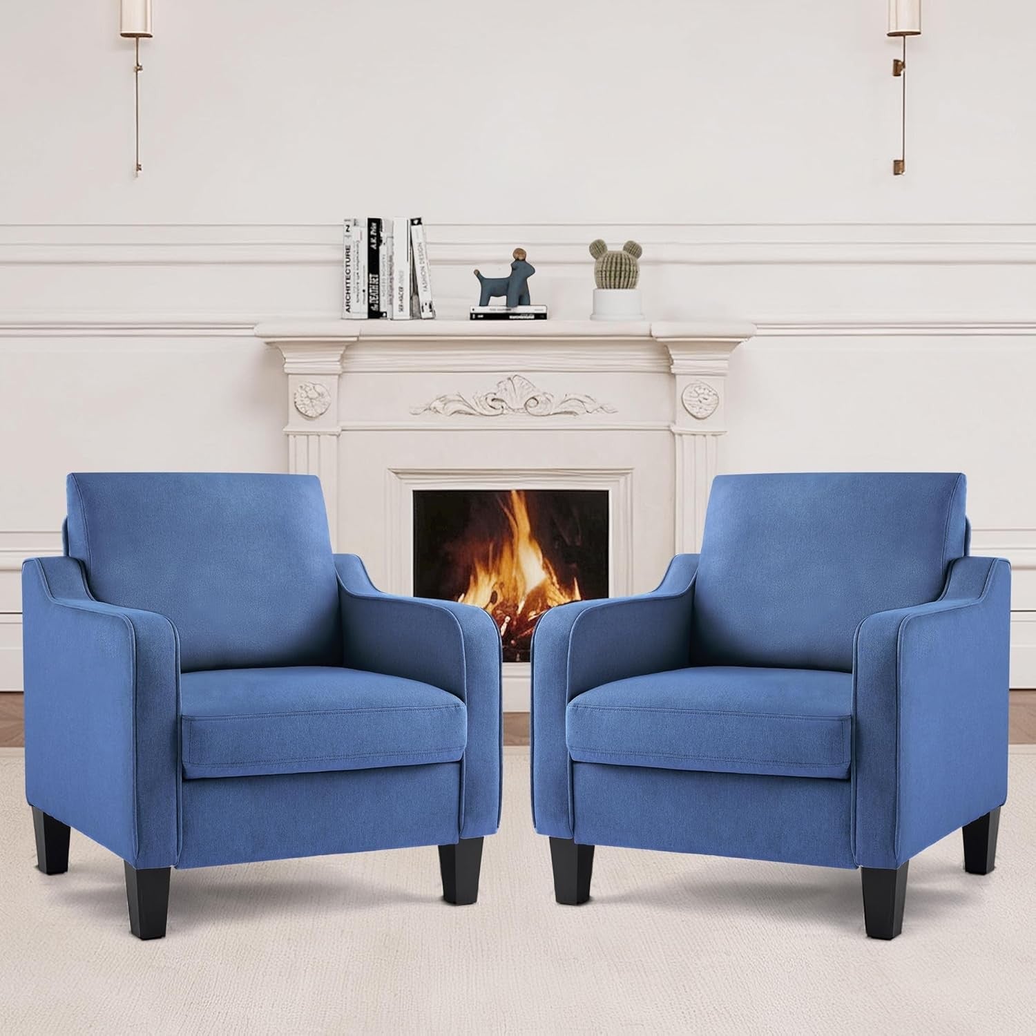 Set of 2 Mid Century Modern Accent Armchairs Linen Blue