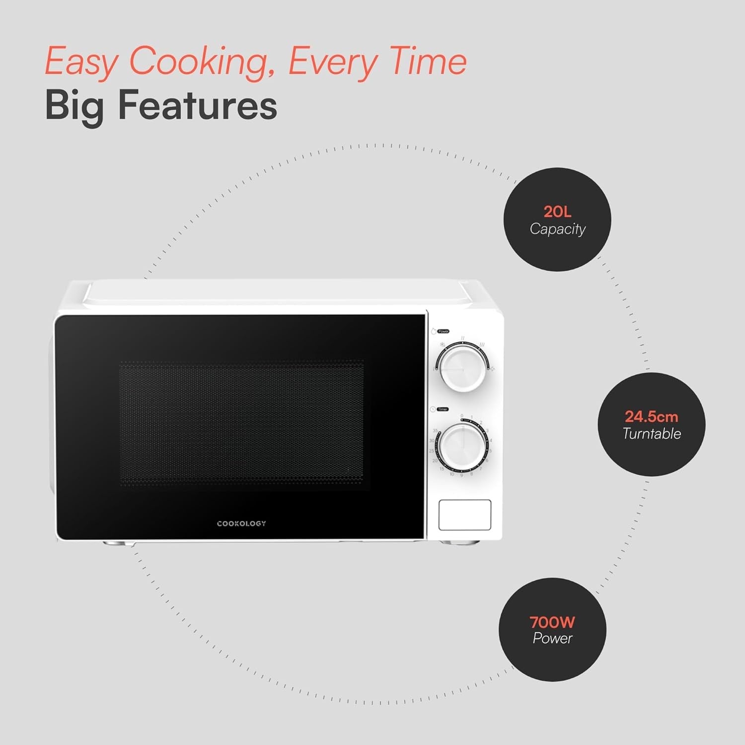 20L Freestanding Microwave 700W 5 Power Modes Quick Defrost White