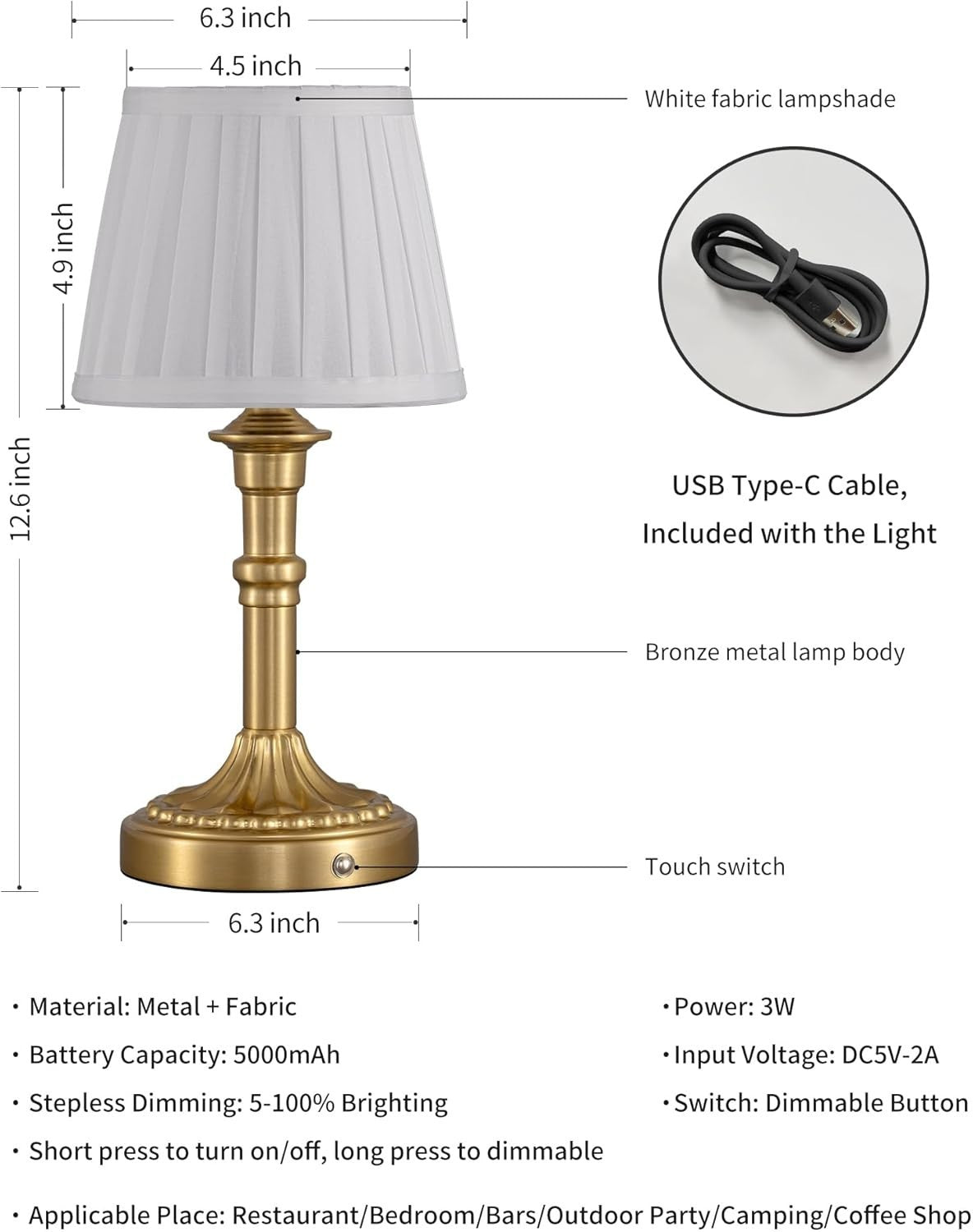Rechargeable Cordless Table Lamps 2-Pack, Dimmable LED Touch, Fabric Shade