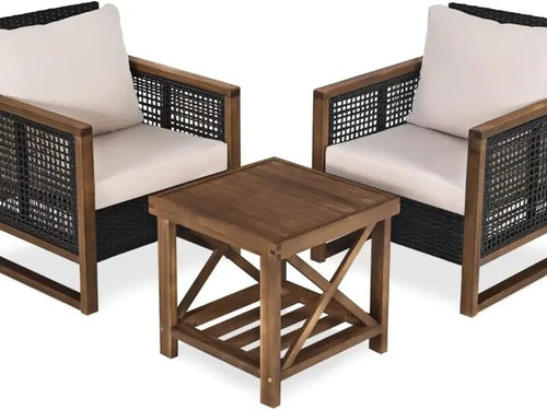 3PC Rattan Patio Bistro Set with Cushioned Chairs & Acacia Coffee Table