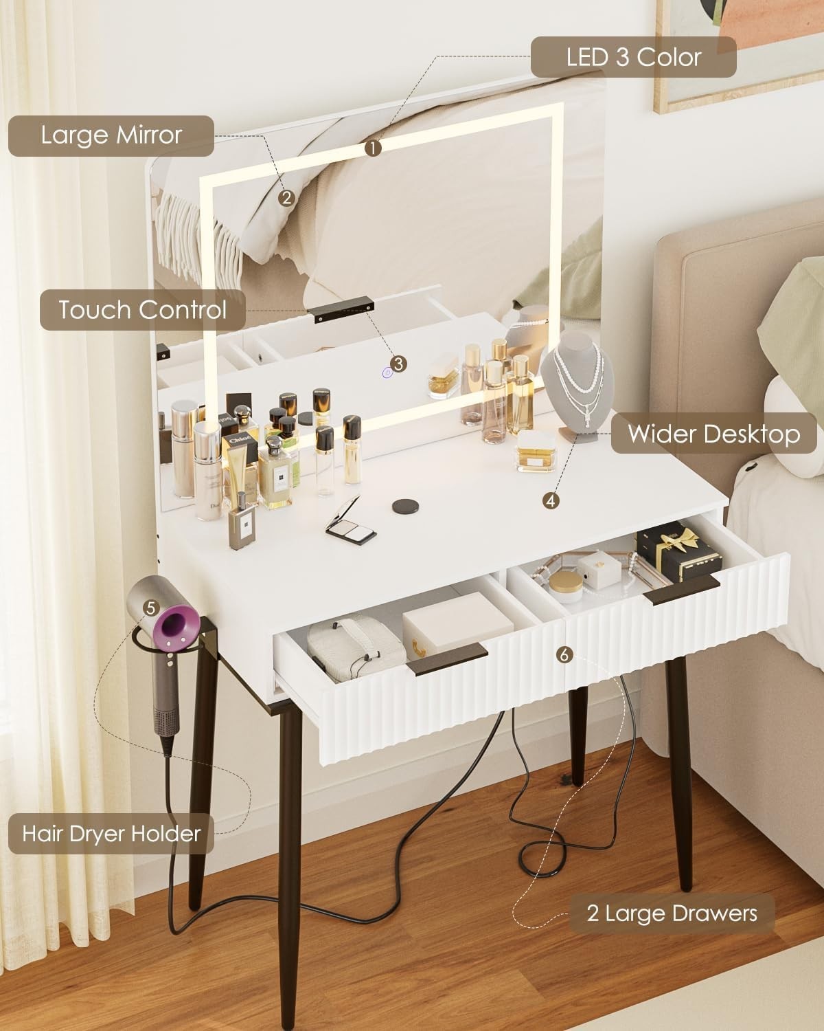 Vanity Dressing Table with LED Light Mirror Makeup Desk 2 Drawers Gold Accents