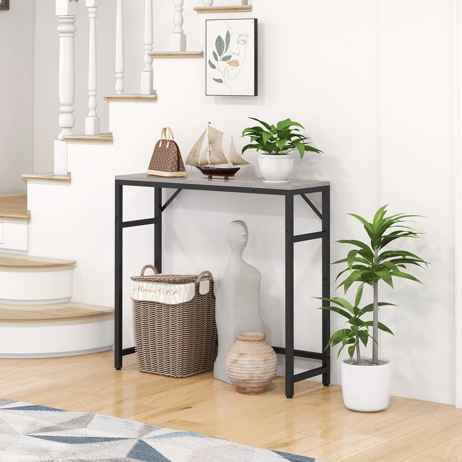 Slim Console Table with Storage Shelf & Support Bars for Entryway