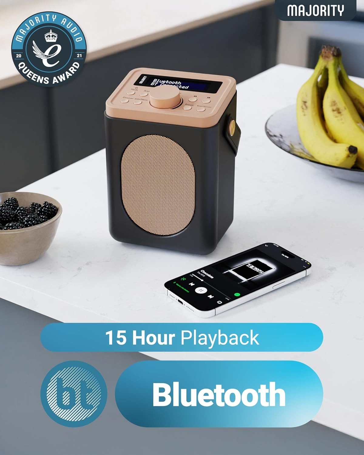 Portable DAB+ FM Radio Bluetooth | 15H Battery | Dual Alarm Black