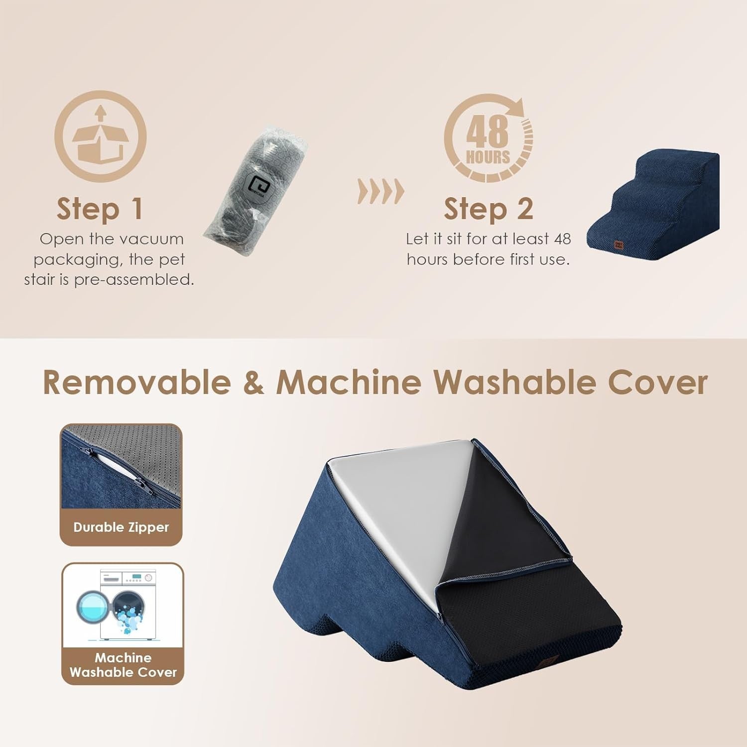 3 Step Dog Stairs for Bed Non Slip Foam Pet Steps Washable Navy