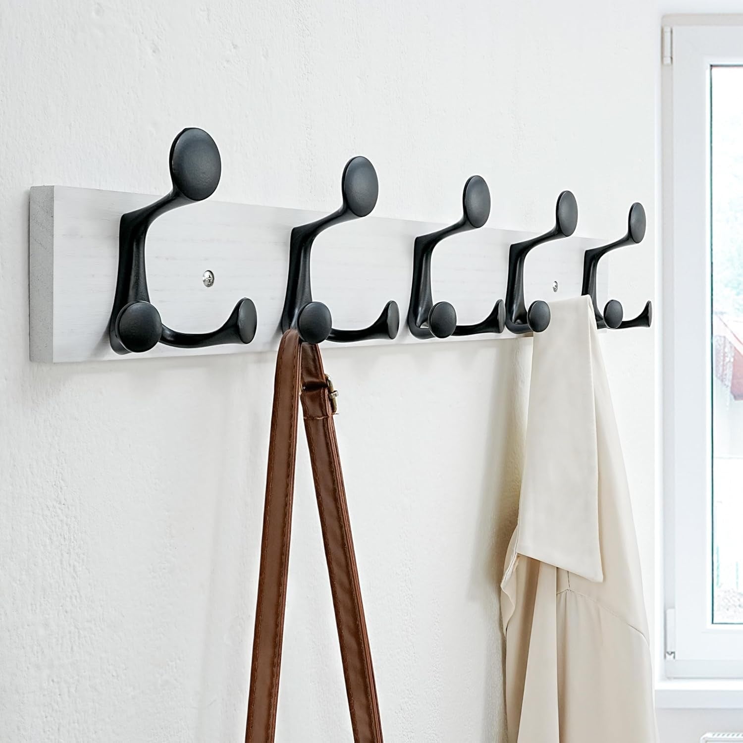 Modern White Wall Coat Rack 61cm – 5 Triple Hooks Heavy Duty Hanger for Hallway