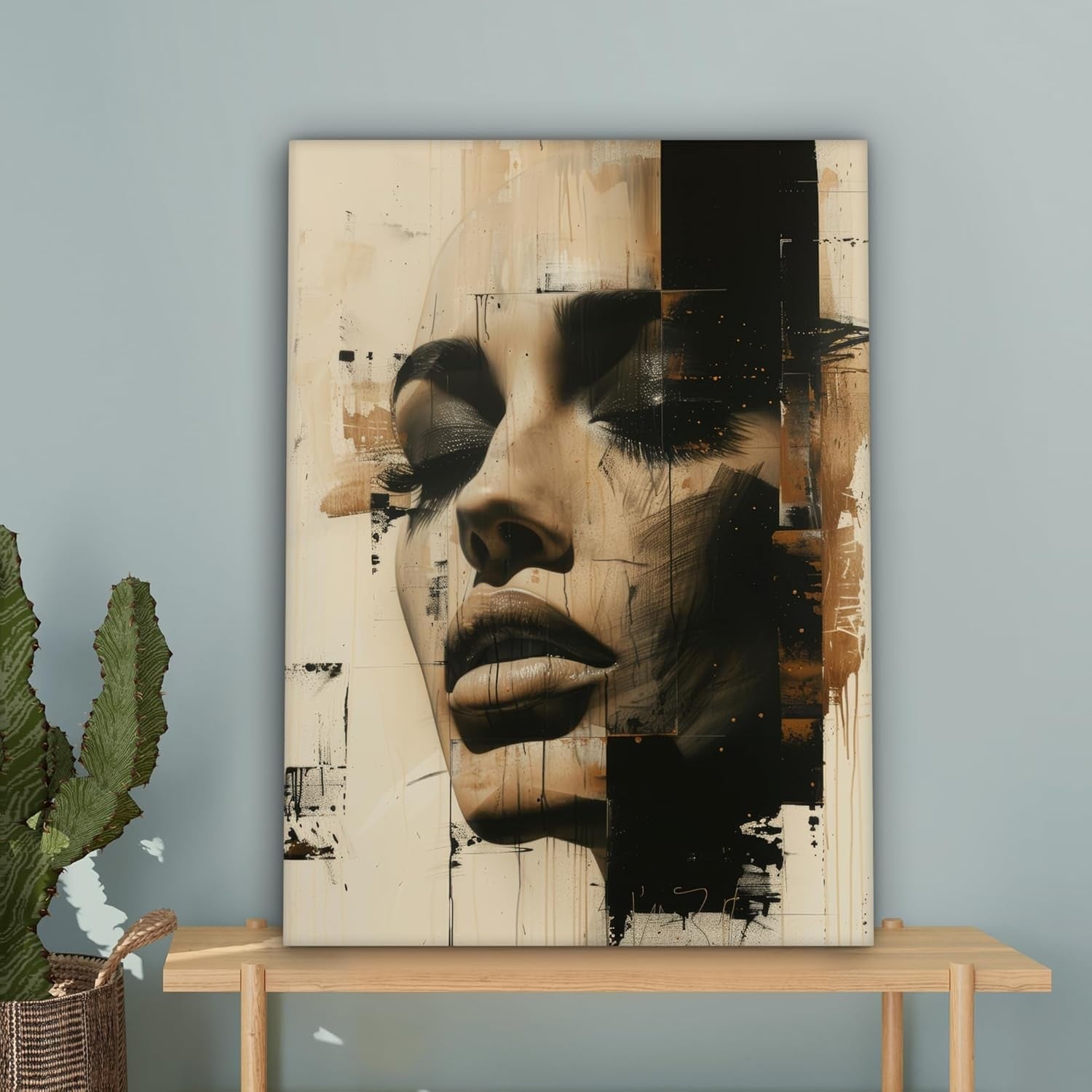 Abstract Woman Canvas Wall Art 50x70cm Beige Modern Framed