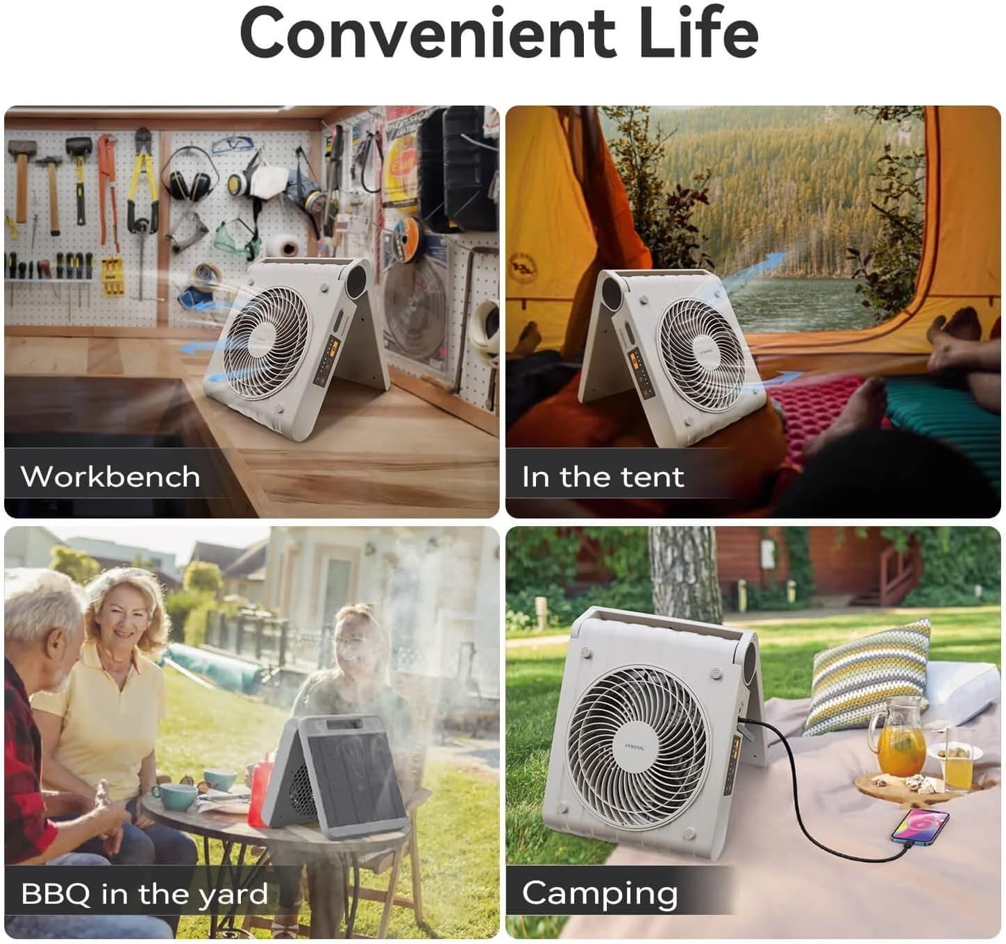 Portable Solar Electric Fan – USB 10000mAh Battery - 4 Speeds, 4 Timers, Gray
