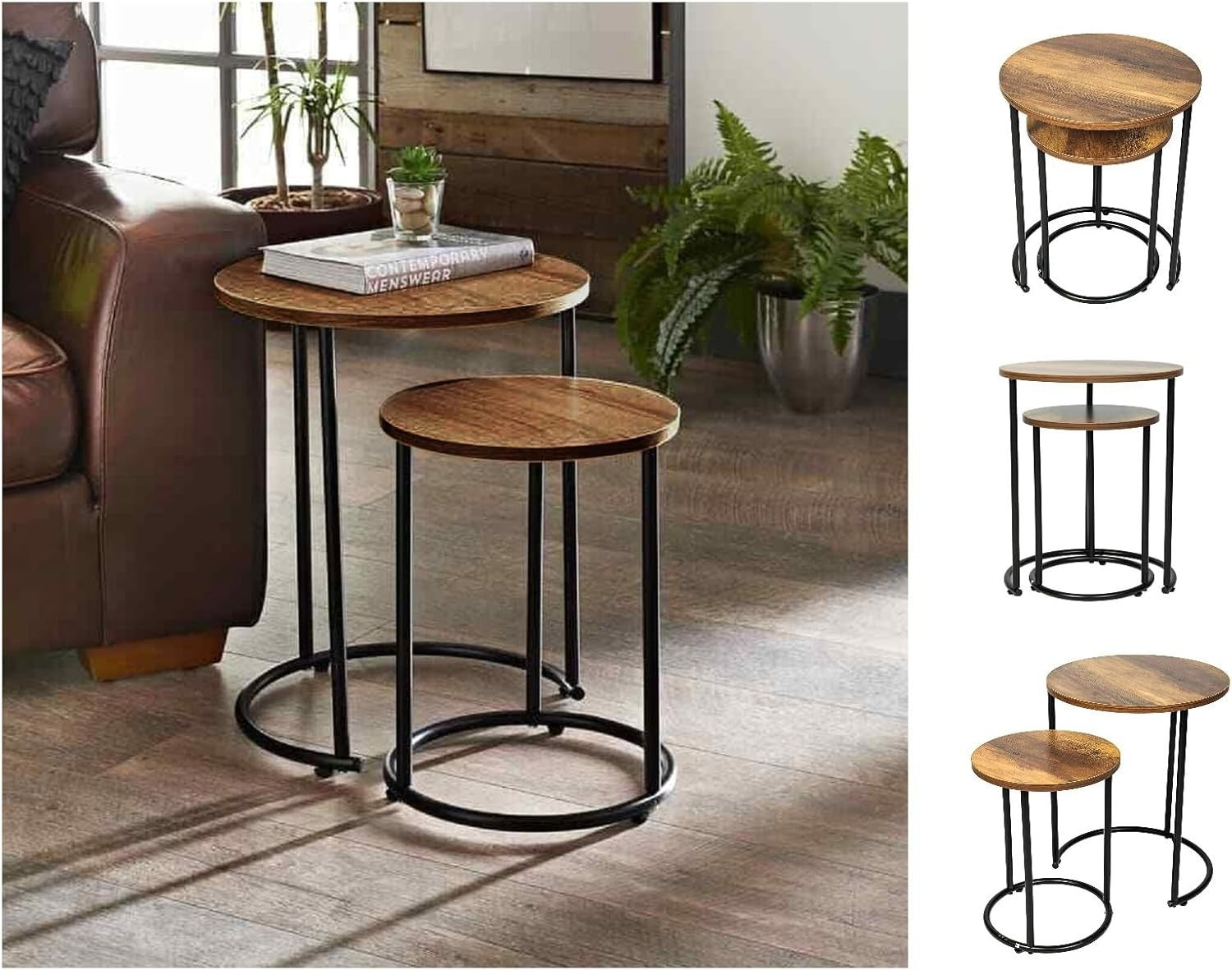 Round 2-Piece Nesting End Table Set Side Coffee Tables Industrial Metal Frame