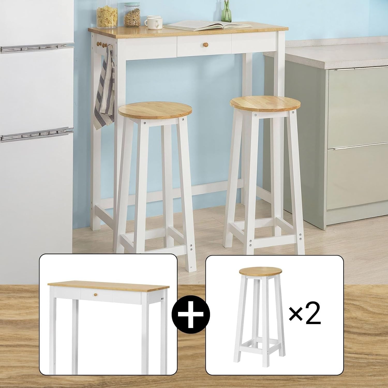 3-Piece Breakfast Bar Table Set with 2 Stools White & Wood Modern Compact