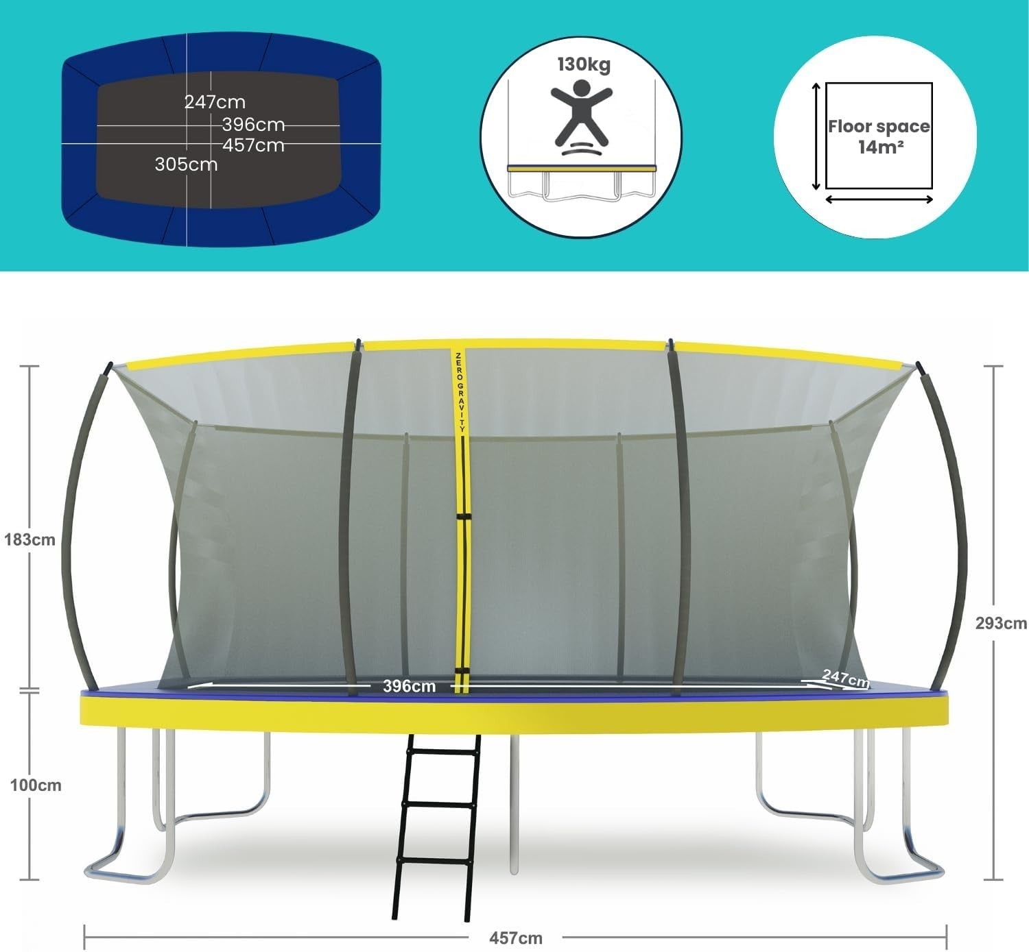 Rectangular Garden Trampoline 4.57x3.05m Safety Enclosure Ladder 130KG