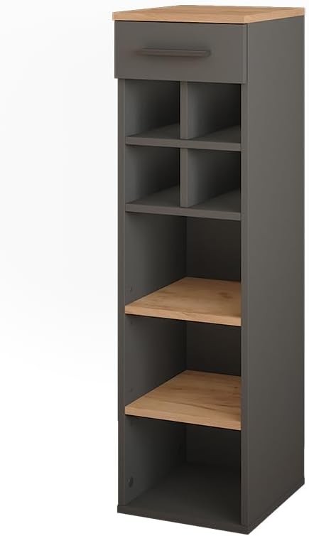 Modern Tall Wine Rack Cabinet with Shelves & Drawer | Oak & Anthracite 30x106cm