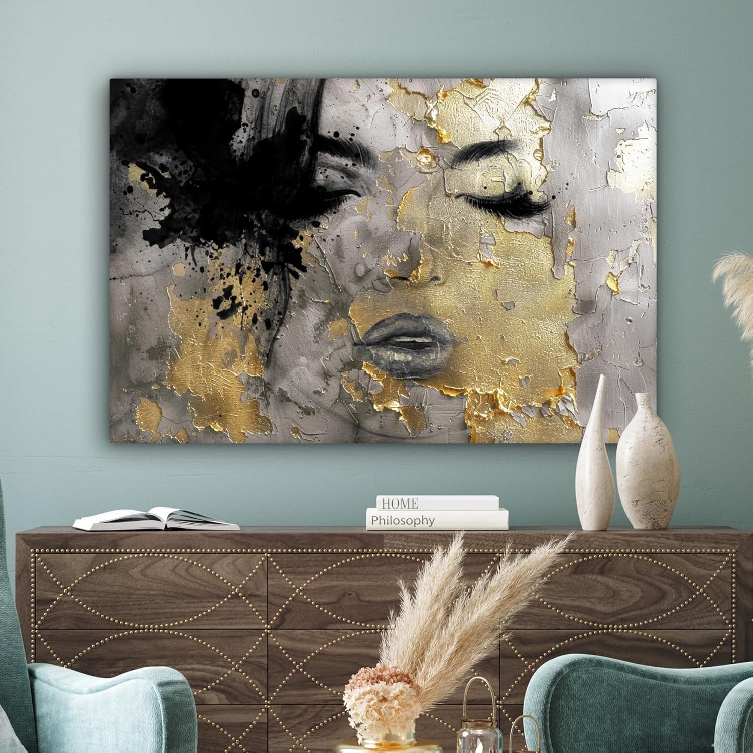 Large Abstract Woman Canvas Wall Art Gold Black 120x80cm Modern Decor