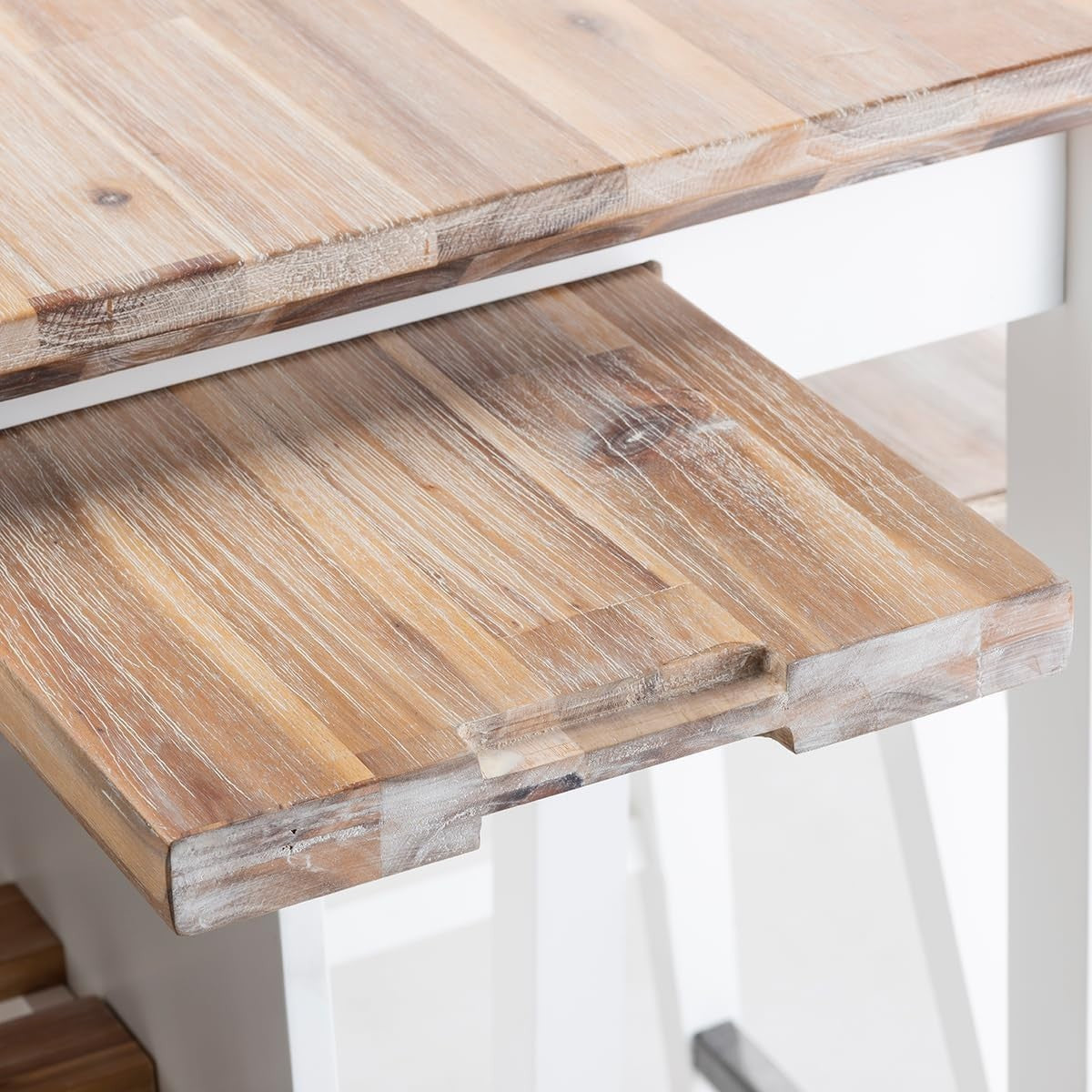 White Kitchen Island 126cm with Shelves, Hidden Tray & Acacia Wood Top Furniture