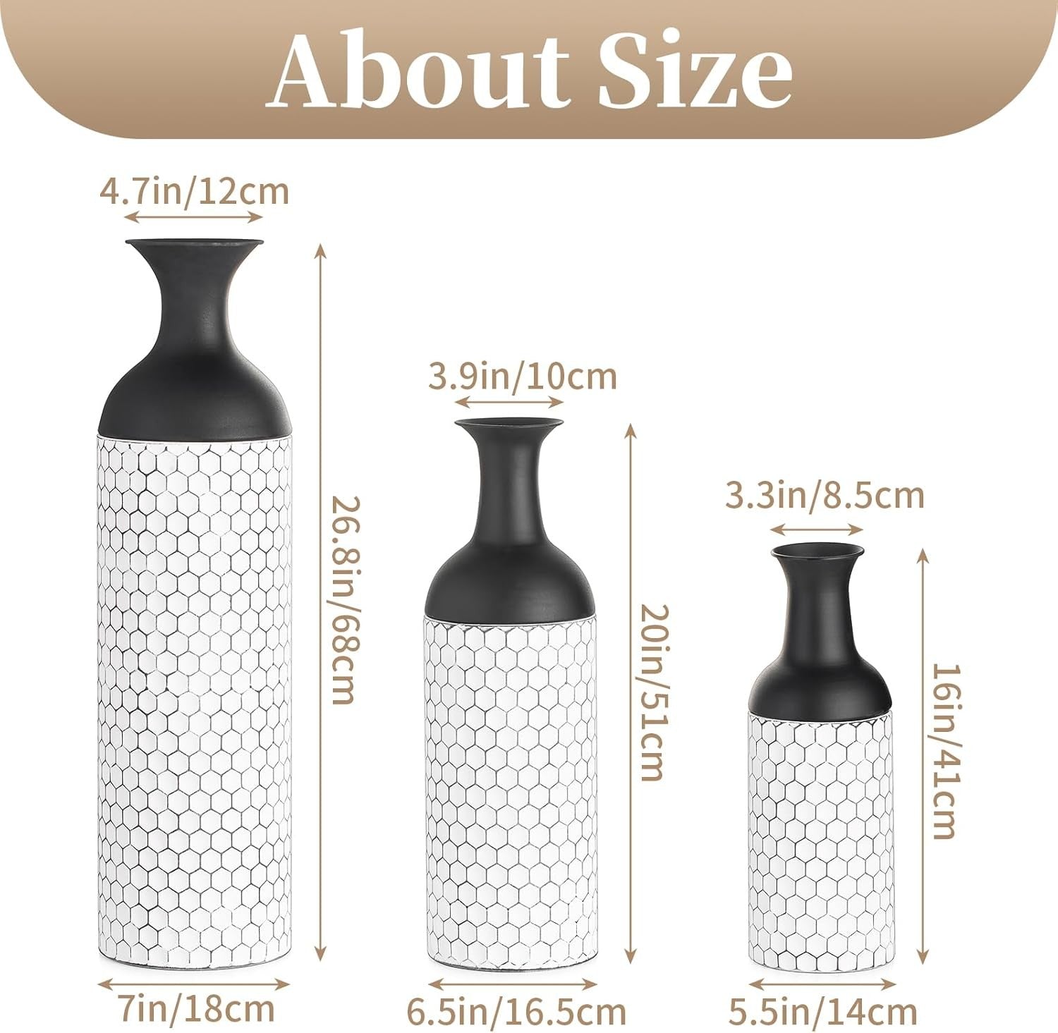 Tall Metal Floor Vase Set of 3 Black White Honeycomb Modern Home Decor