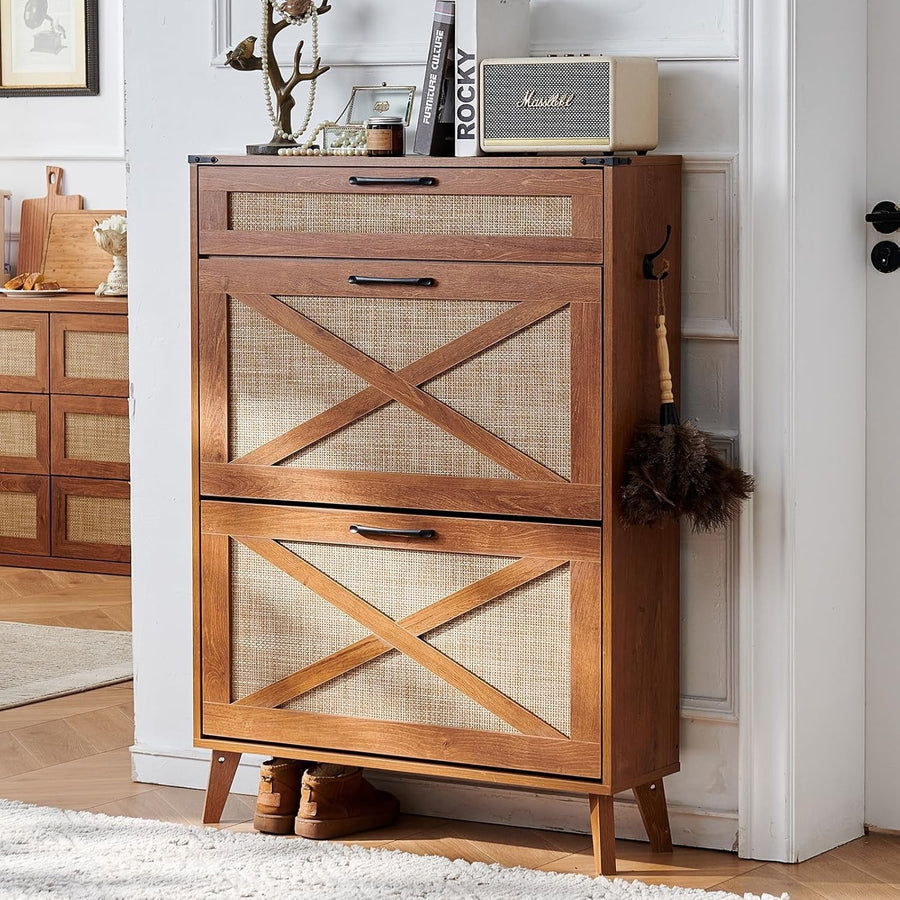 Narrow Shoe Cabinet with Rattan Flip Drawers, Large Storage for 16-20 Pairs