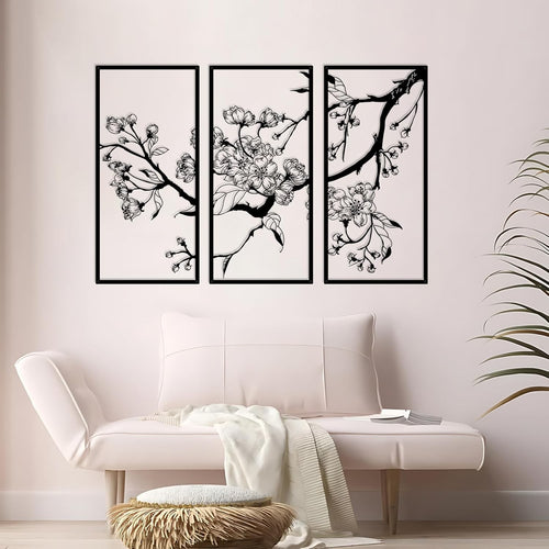 Metal Flower Wall Art Set 3pcs Large Black Floral Line Decor Modern Wall Hanging