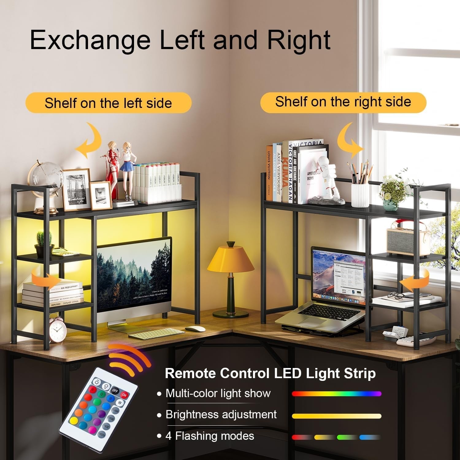 38.6" Desk Hutch Shelf with LED Strip | 4-Tier Desktop Organizer Rack