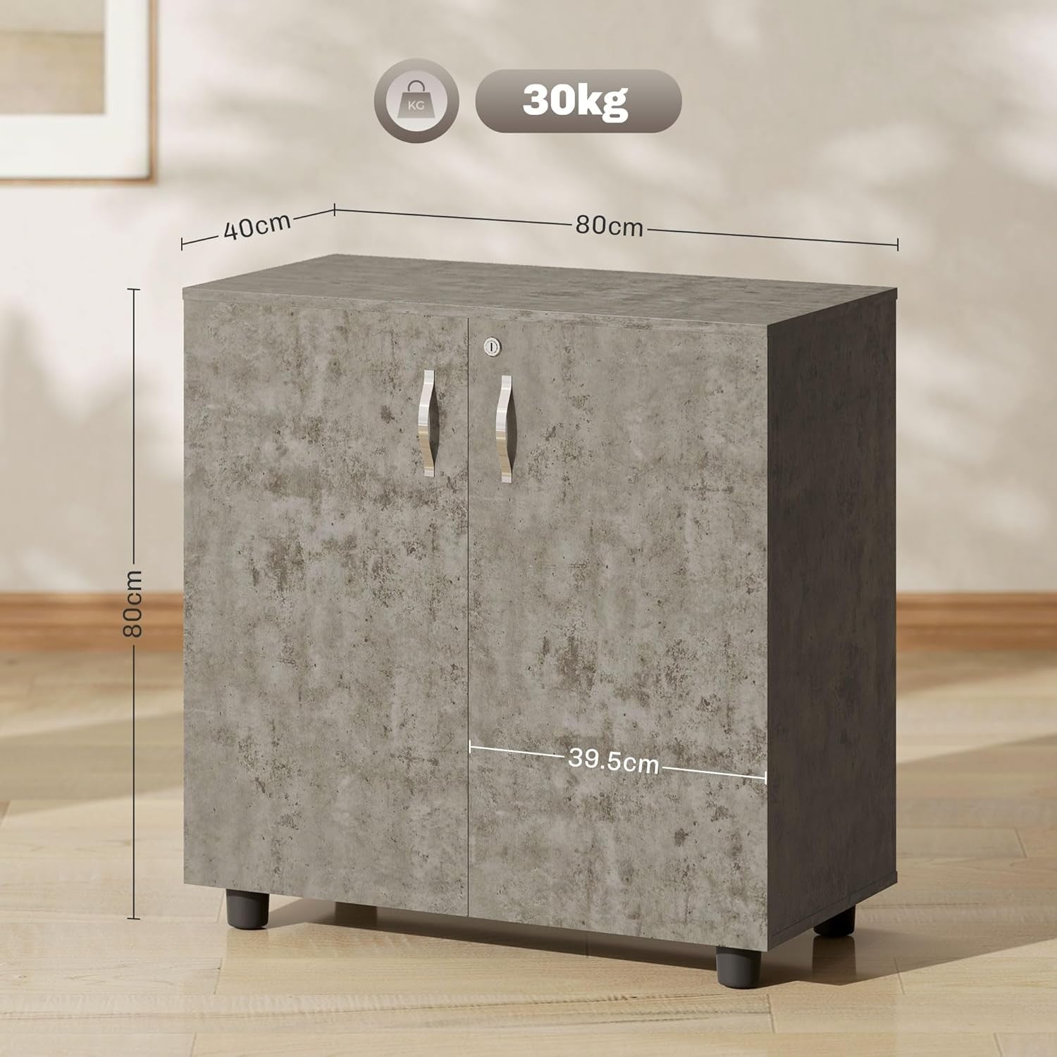 Grey Lockable Filing Cabinet Office Storage Cupboard 2 Door 2 Tier Shelves