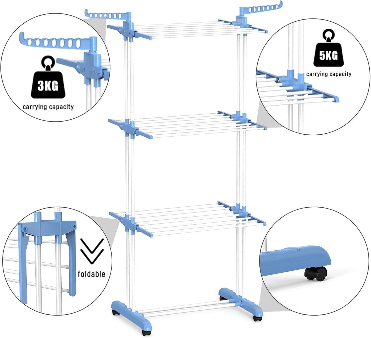 4 Tier Clothes Airer Folding Laundry Drying Rack Wheels Stainless Steel