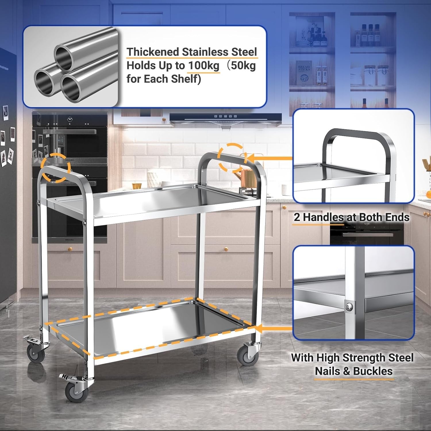 Stainless Steel Kitchen Trolley 2 Tier Service Cart Locking Wheels Utility