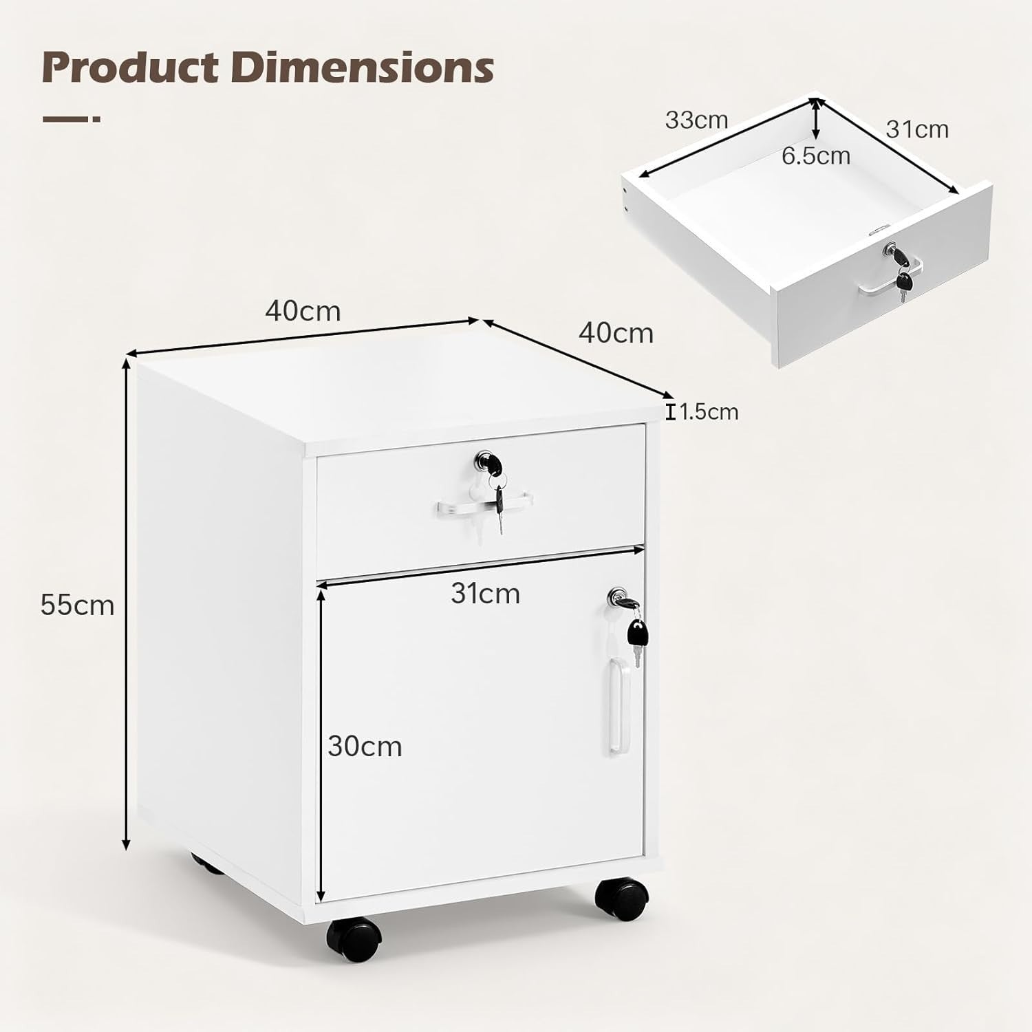 White Mobile File Cabinet 40cm Lockable Under Desk Office Storage