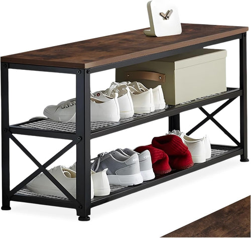 Space-Saving 3-Tier Shoe Rack with Dark Wood Shelf & Sturdy Steel Frame