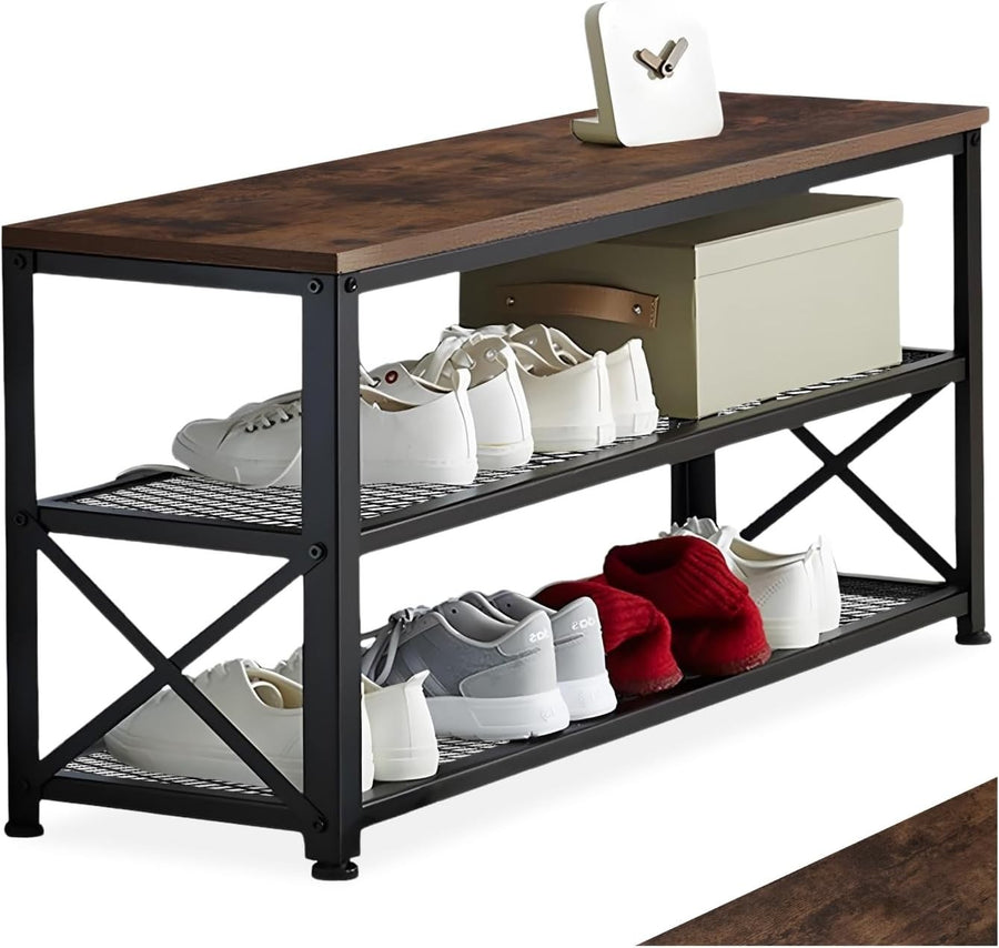 Space-Saving 3-Tier Shoe Rack with Dark Wood Shelf & Sturdy Steel Frame