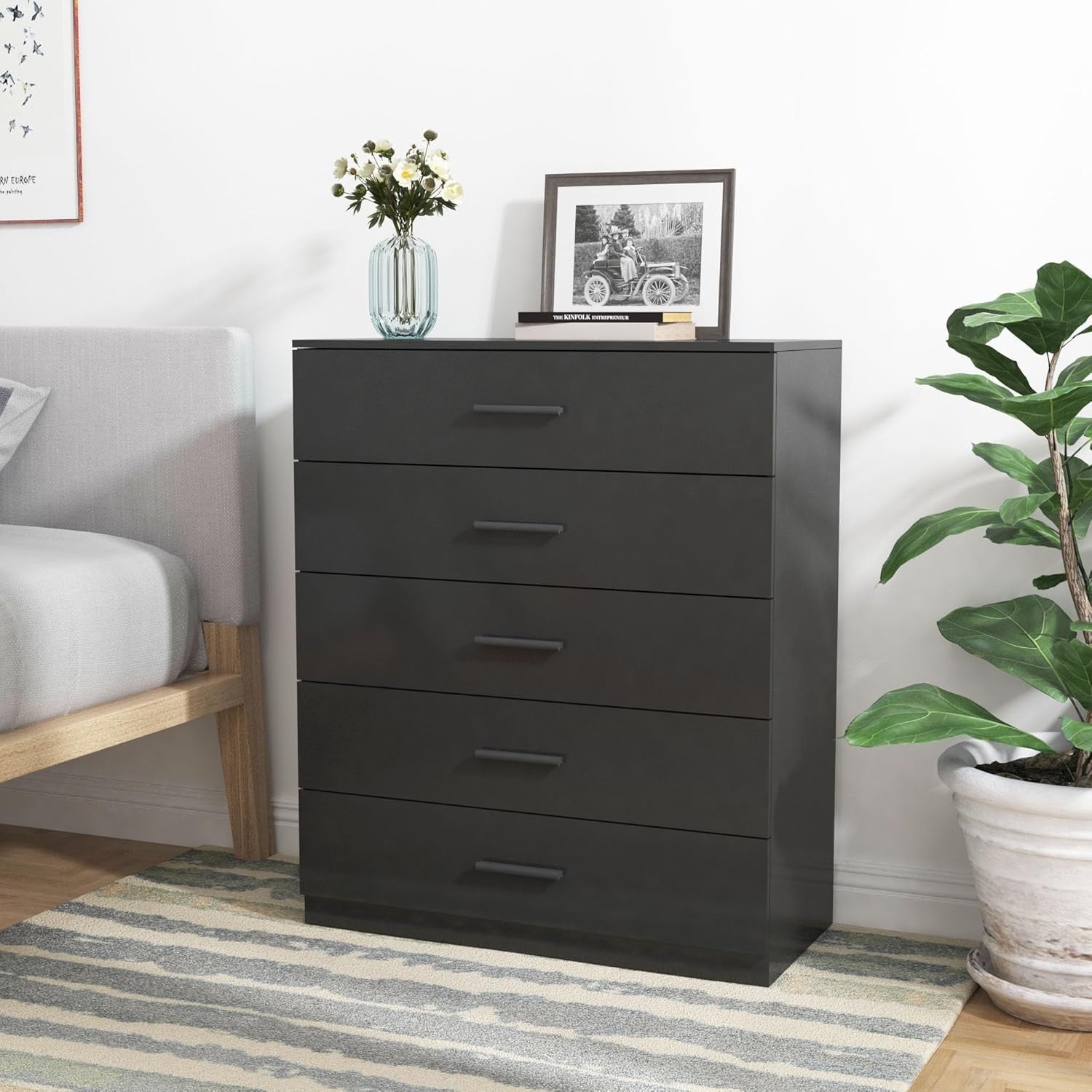 5 Drawer Black Wooden Chest Bedroom Storage Cabinet Polished Finish