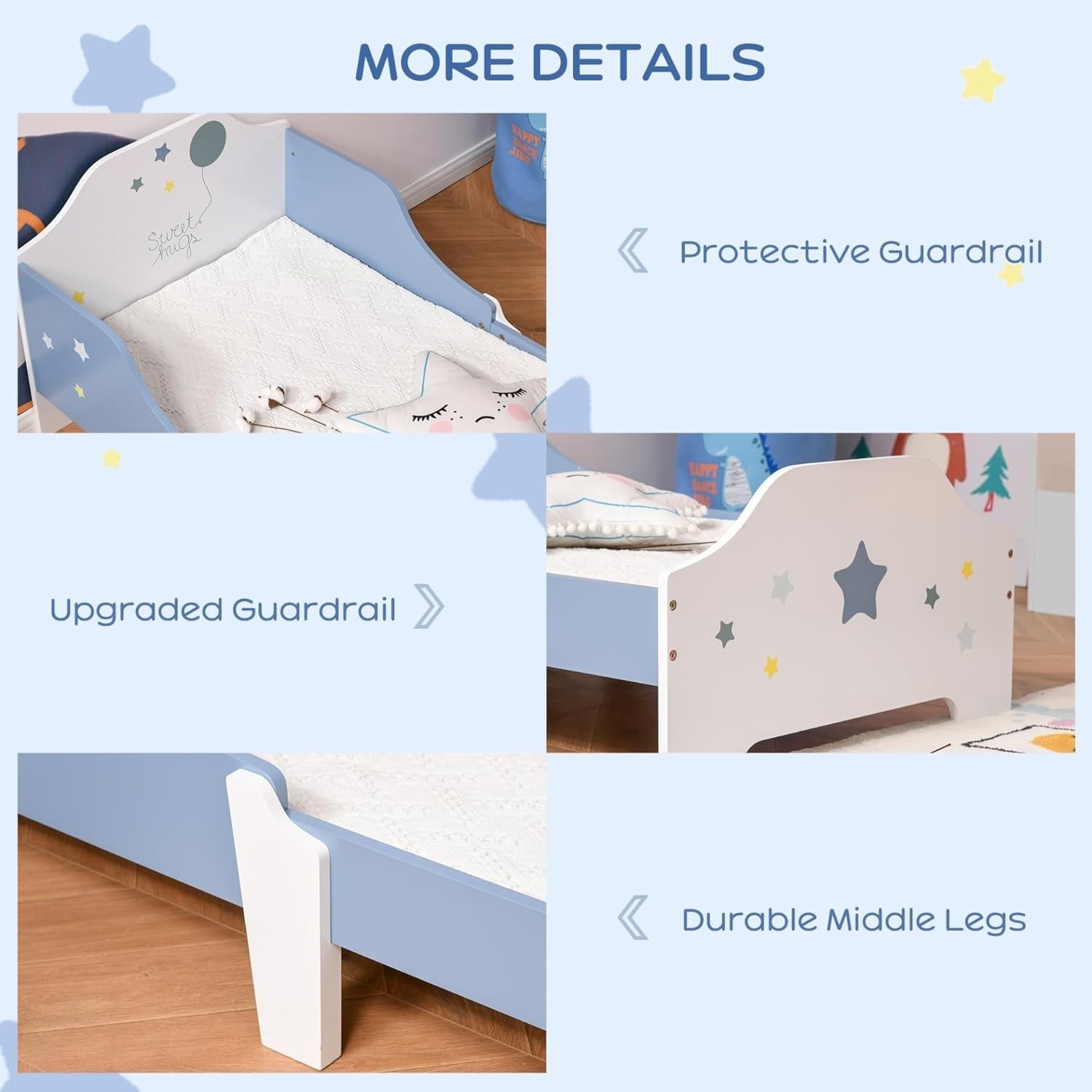 Kids Toddler Bed Frame with Guardrails Low Junior Bed Safe Modern Blue