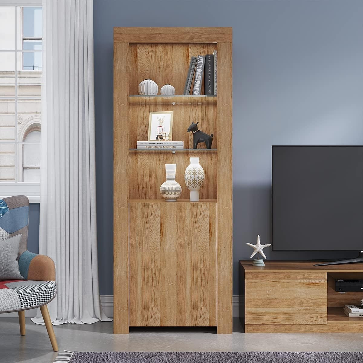 Tall Oak Display Cabinet Glass Shelves LED Light Modern Storage Unit