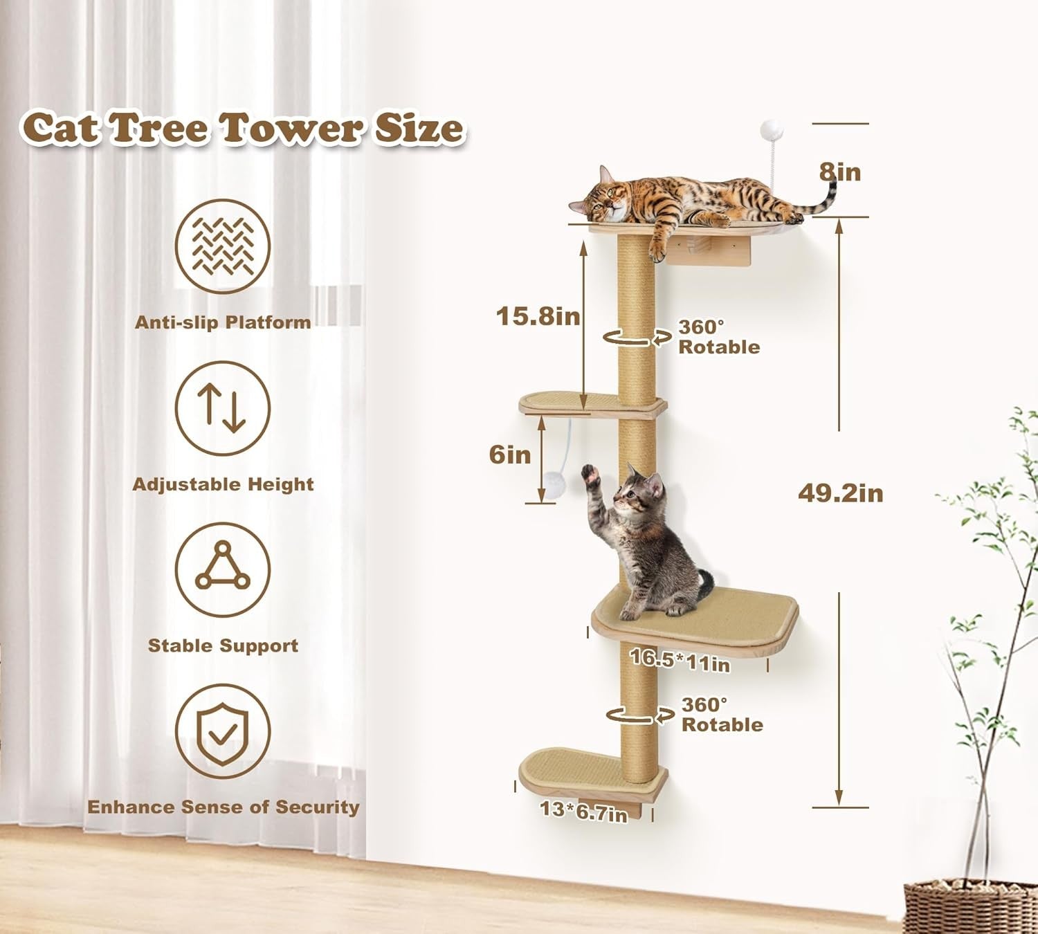 Wall Mounted Cat Tree 125cm 4 Tier Scratching Post Climbing Shelves