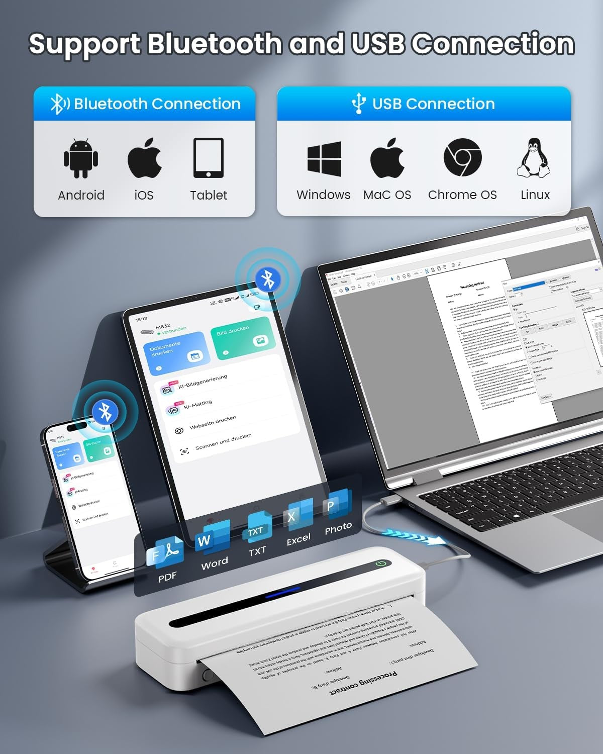 A4 Portable Thermal Printer 300DPI Bluetooth Inkless