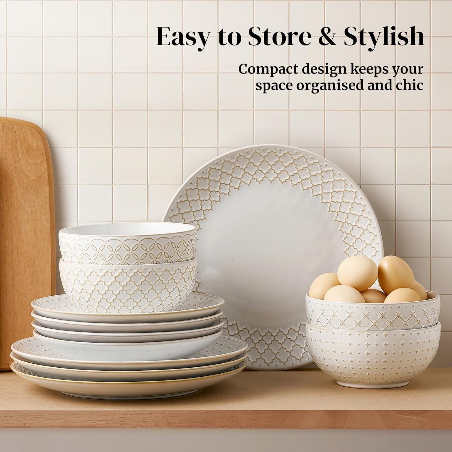 12 Piece Ceramic Dinner Set Plates Bowls Beige Modern Tableware Dishwasher Safe