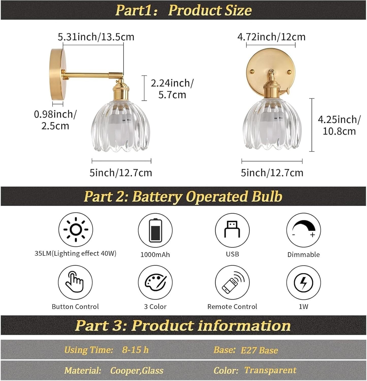 Wireless Rechargeable Wall Sconce with Remote, 12 RGB Colors & Dimmable