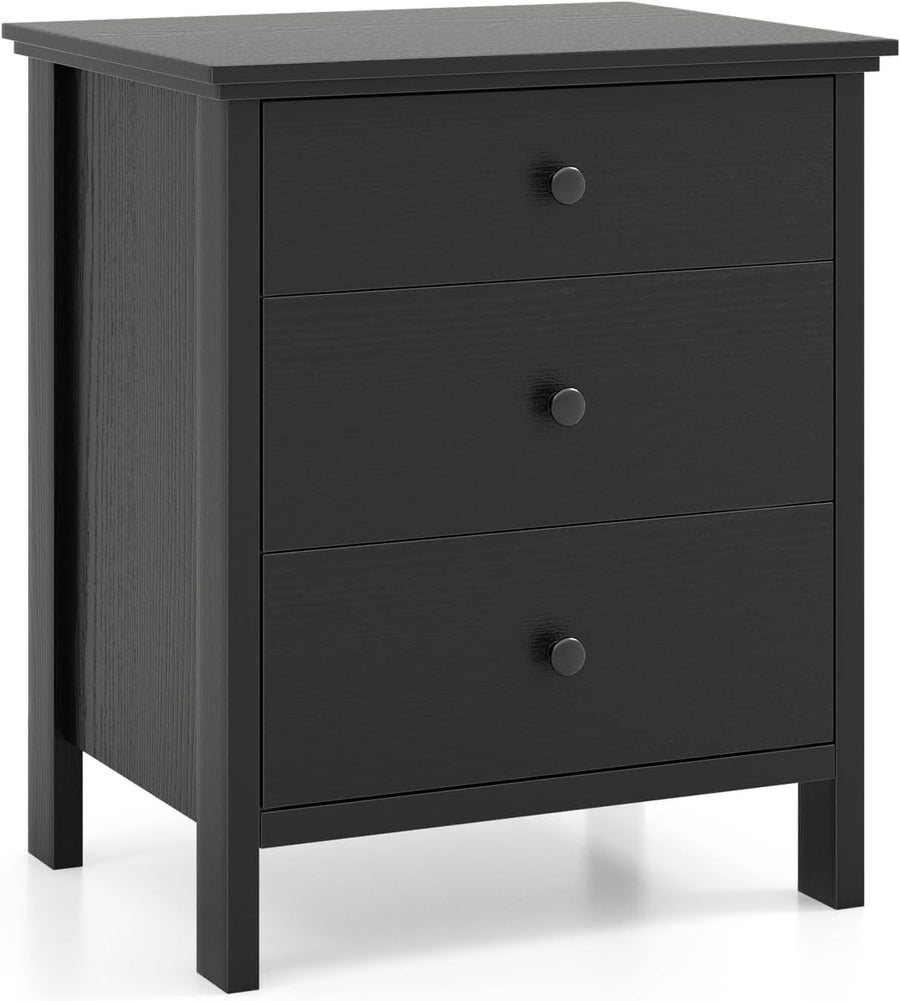 Modern Black 3 Drawer Bedside Table | Wooden Nightstand with Storage Drawers