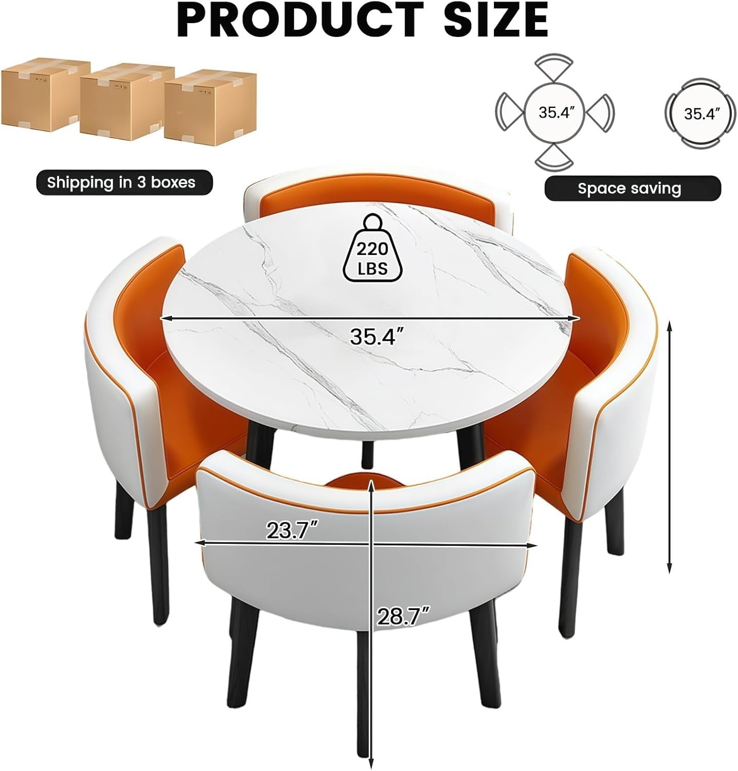 35.4" Round Faux Marble Dining Table Set with 4 PU Leather Chairs - Modern