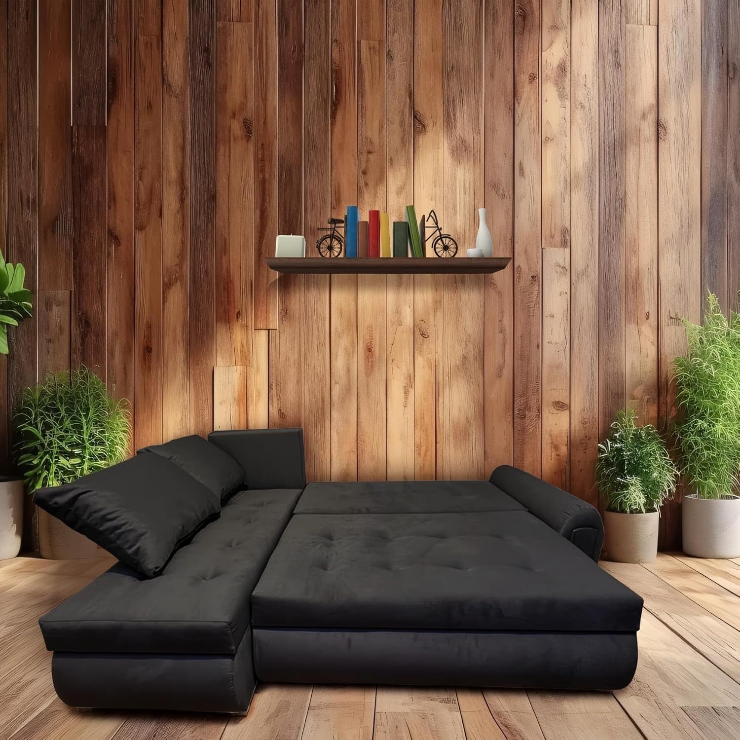 Convertible Velvet Sofa Bed with Storage & Reversible Chaise – L-Shape Black