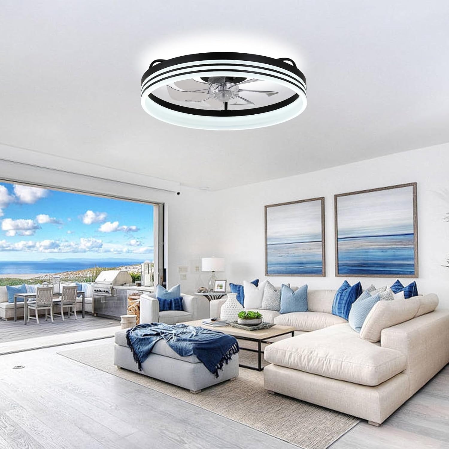 LED Ceiling Fan with Light, Dimmable, 6 Speeds, Modern, Black