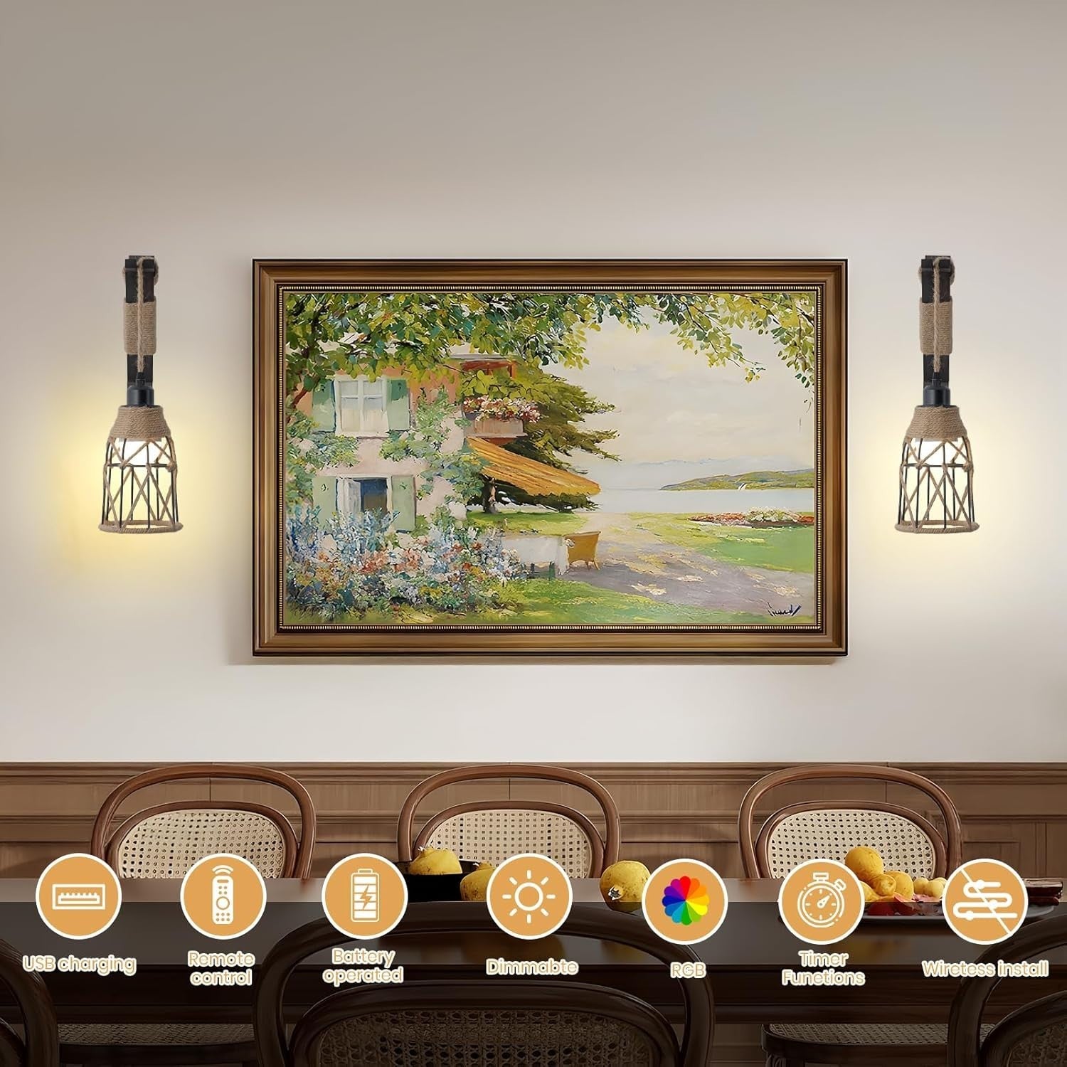RGB Wall Lights Set of 2 Wireless Farmhouse Sconces w/ Remote + Rechargeable