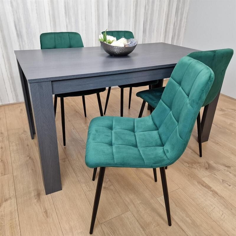 Dark Wood Dining Table Set with 4 Green Velvet Chairs Kitchen Furniture