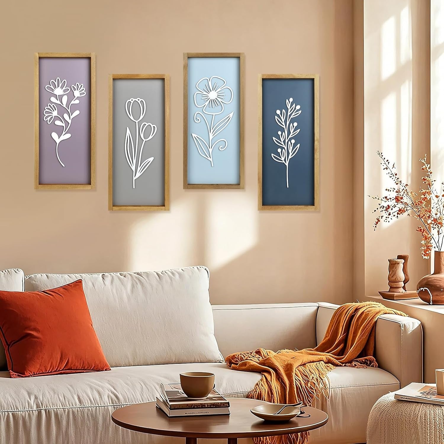 Large 3D Wooden Floral Wall Art Set of 4 Boho Framed Decor for Home