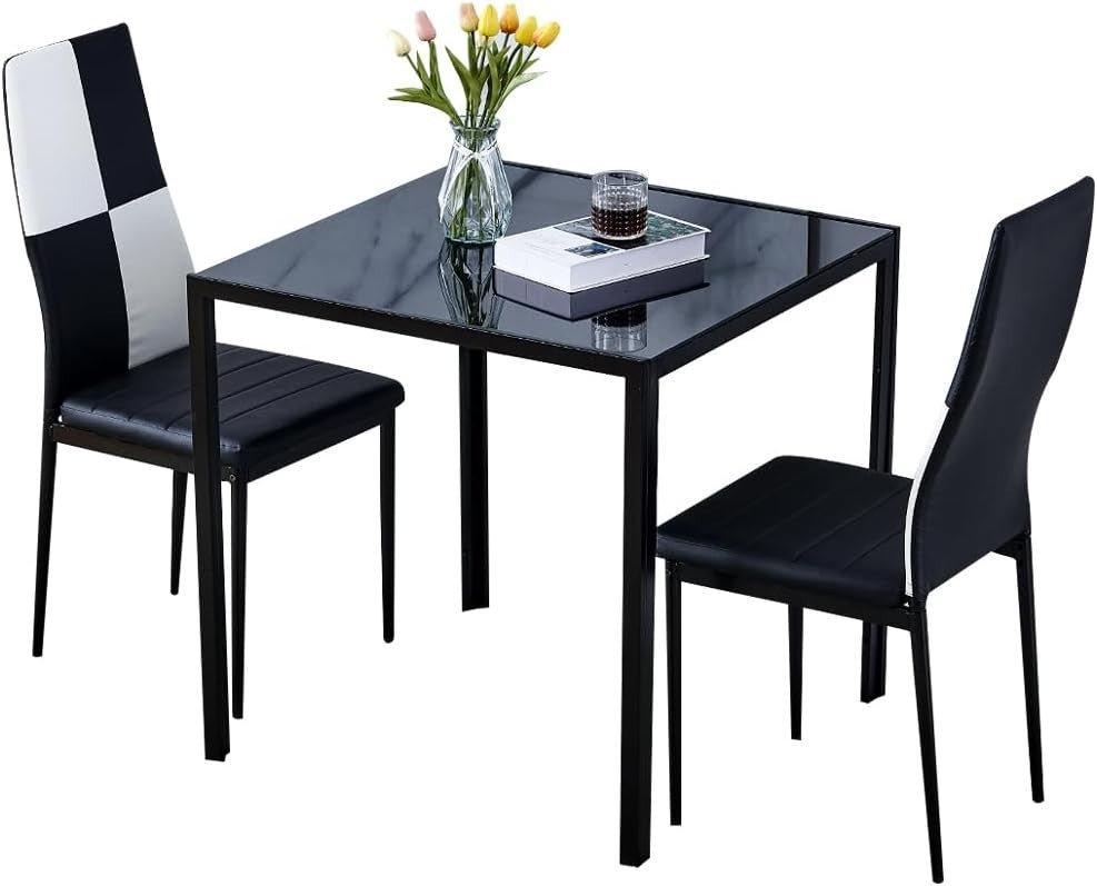 Square Glass Dining Table 75x75cm Black Tempered Metal Legs Modern