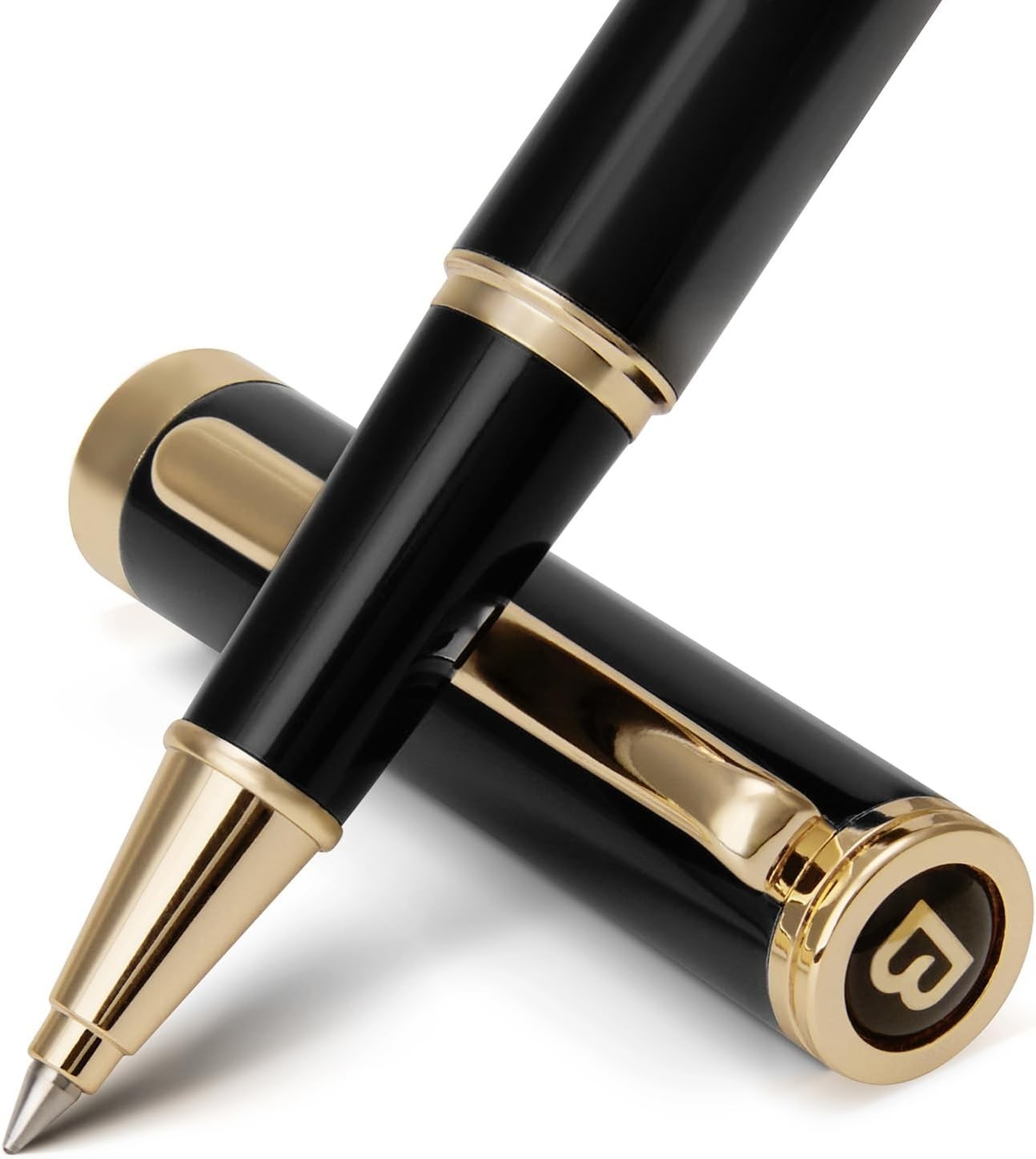Luxury Rollerball Pen Black 24K Gold Trim Refillable Metal Rubber Model