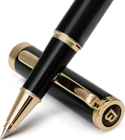 Luxury Rollerball Pen Black 24K Gold Trim Refillable Metal Rubber Model